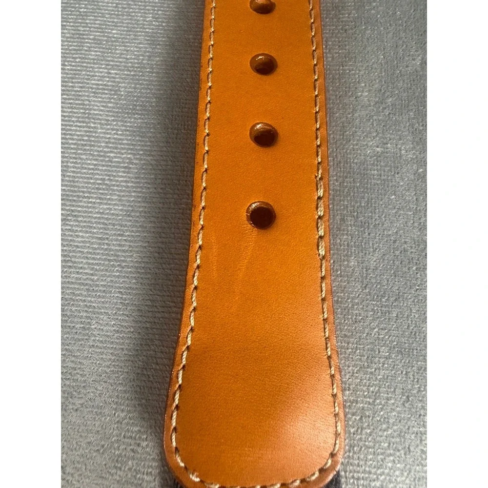 L.L.Bean Stretch Web Belt Navy Tan Stripe Full Grain Leather Trim Size 38 USA